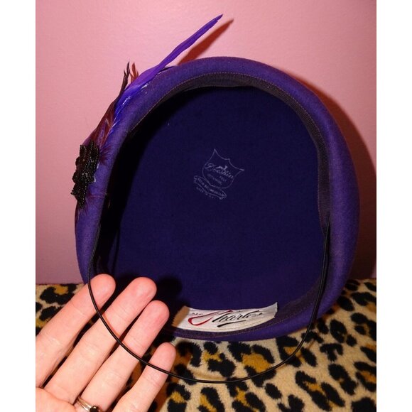 Vintage Mr. Charles Purple Wool Bucket Hat w/ Feathers church hat Kentucky Derby - Picture 8 of 11